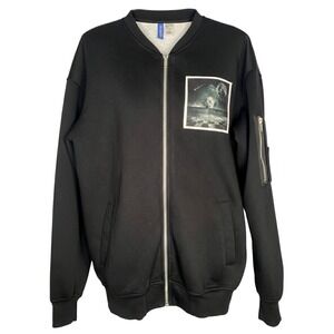 H&M Women's Size small neoprene Grunge Goth Bomber Jacket full zip graphic black
